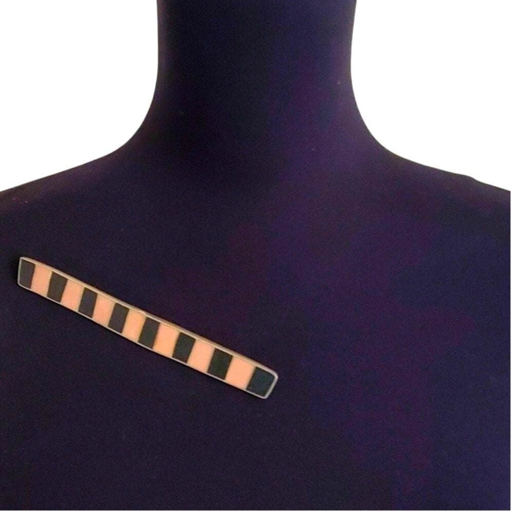5" Modernist Sterling Silver Pin Tan & Black Enamel Stripe Large Bar Brooch 21g